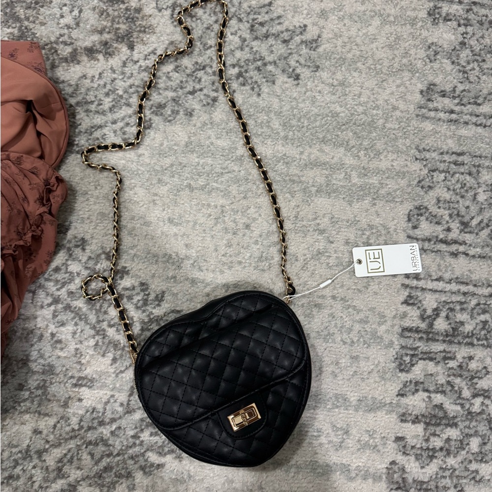 Black Quilted Heart-Shaped Crossbody Bag